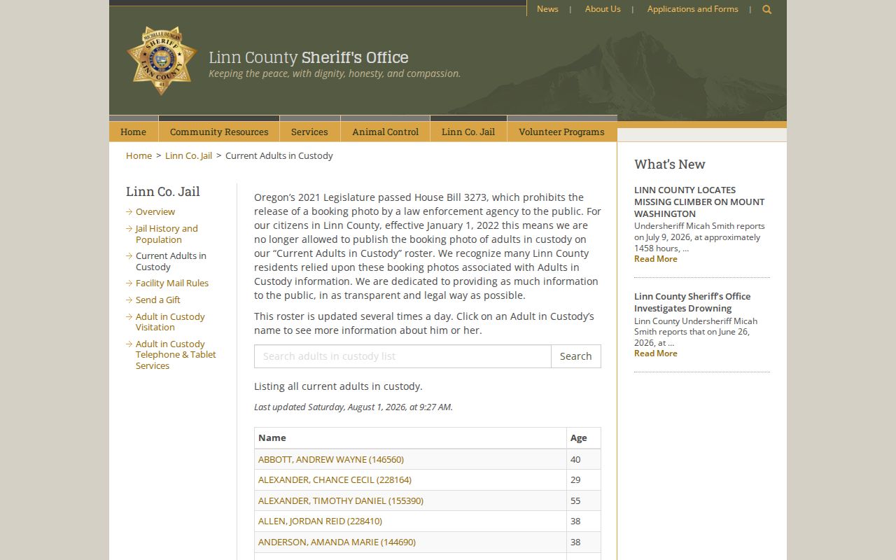 Linn County Jail roster fields used to check a scheduled release date