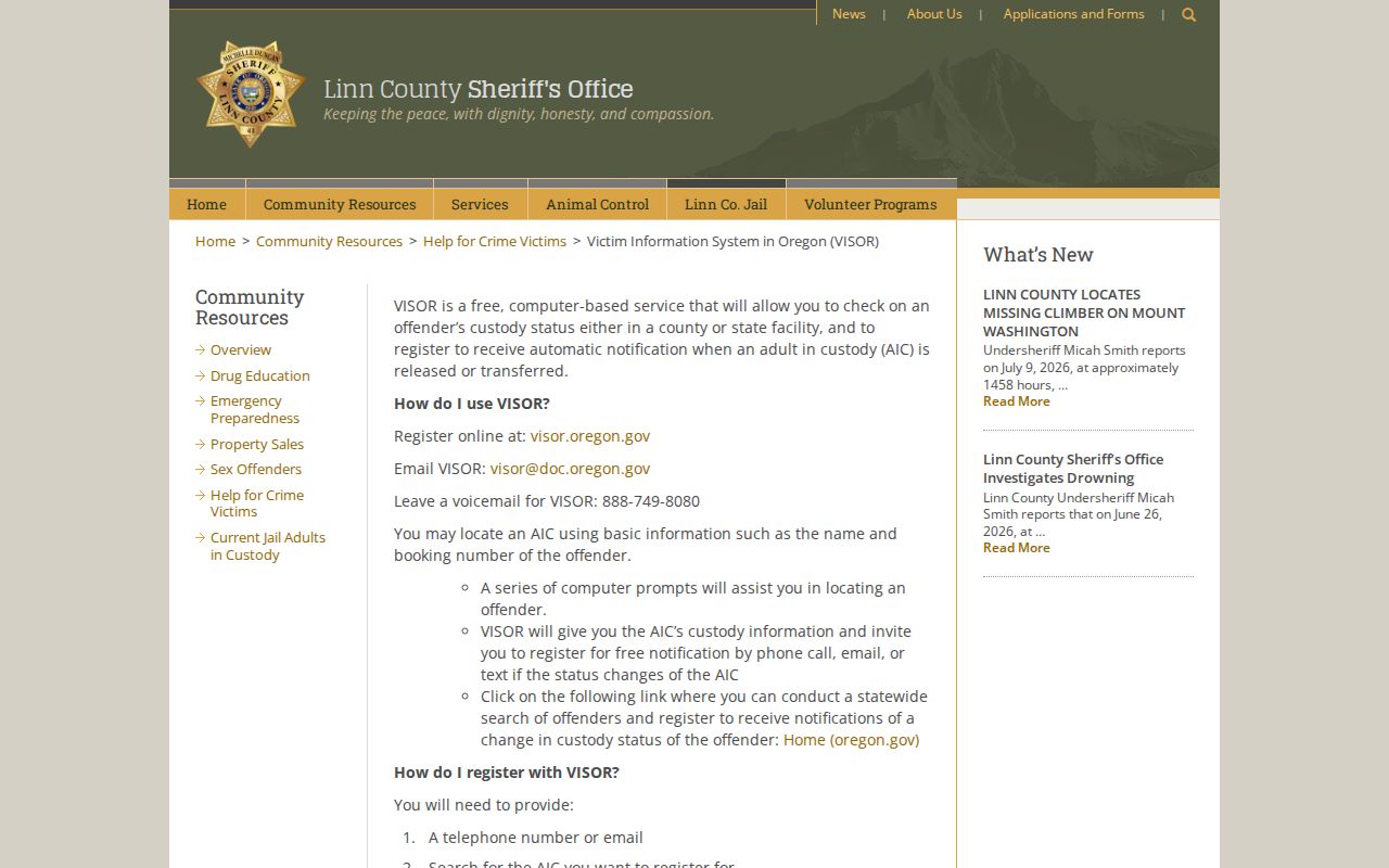Linn County VISOR inmate release check and notification guidance