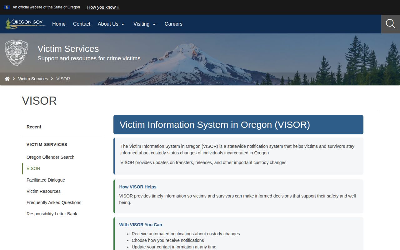 Official Oregon VISOR notification methods for Linn County inmate release alerts